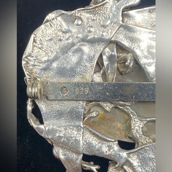 Antique 925 Sterling Silver brooch W/Mother Of Pearl And Amber - Picture 10 of 13